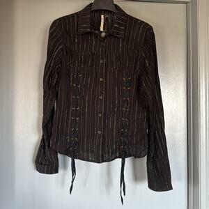 Murmur Black Silver Metallic Button Top Lace Up Floral Embroidery Whimsygoth L
